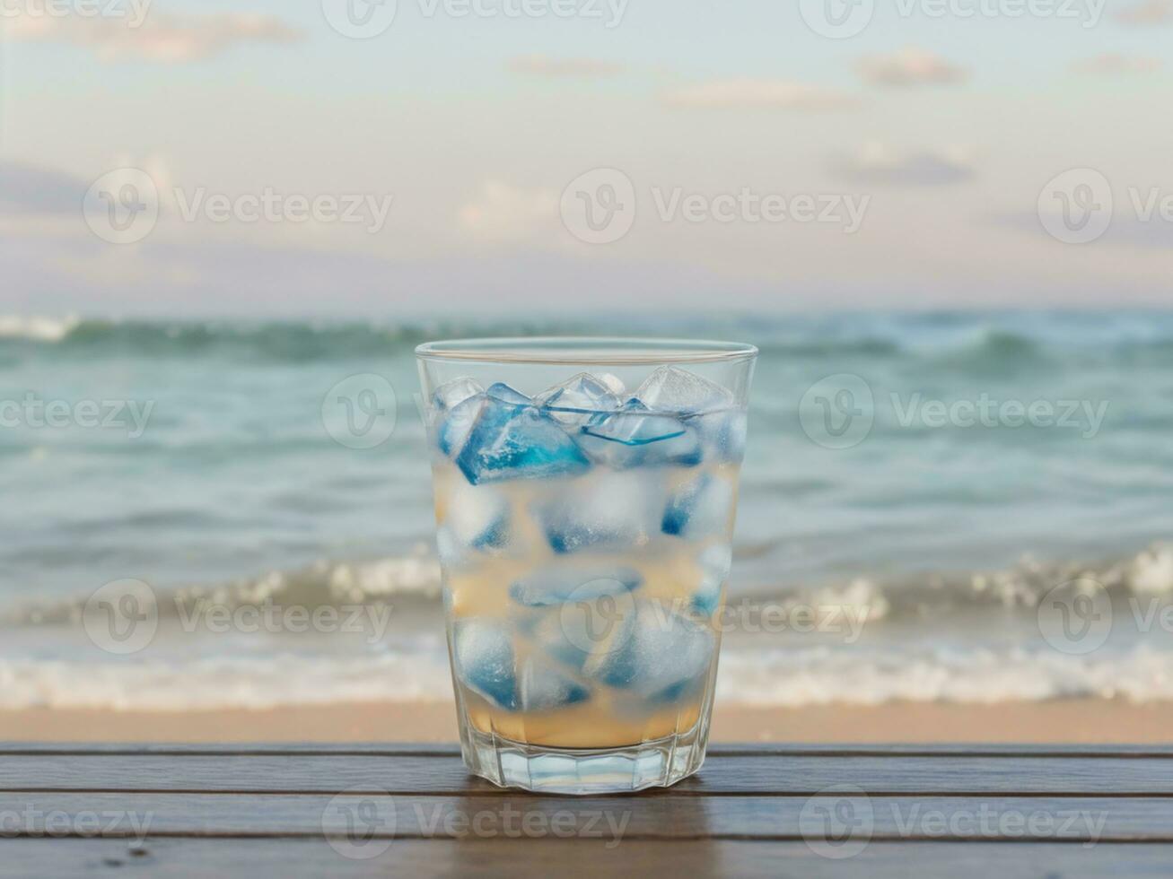 verkoudheid drinken in galss kop met strand oceaan achtergrond, ai generatief foto