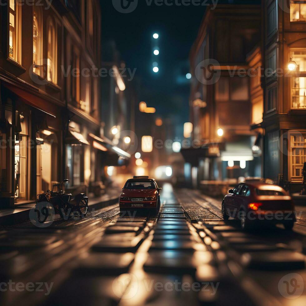 miniatuur speelgoed- nacht stad straat visie focus verleggen effect, ai generatief foto