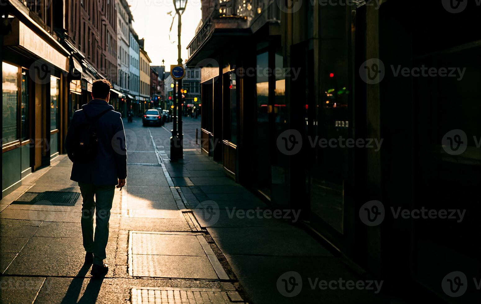 verlicht van een Mens wandelen Aan de stad straat, ai generatief foto