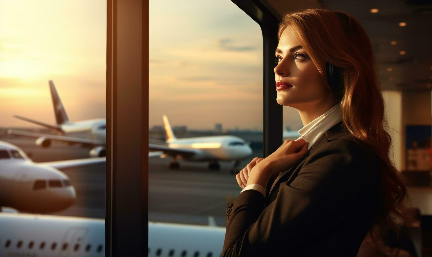 een vrouw is zittend door een venster met uitzicht een luchthaven foto