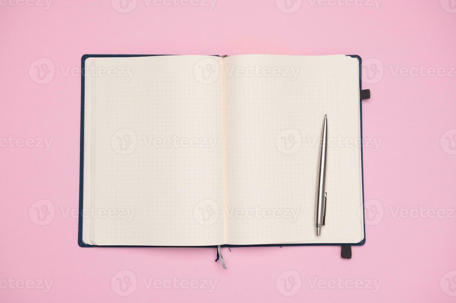 visie van bovenstaande. blanco Pagina's van een kladblok en elegant zilver pen, geïsoleerd Aan roze achtergrond. kopiëren reclame ruimte foto
