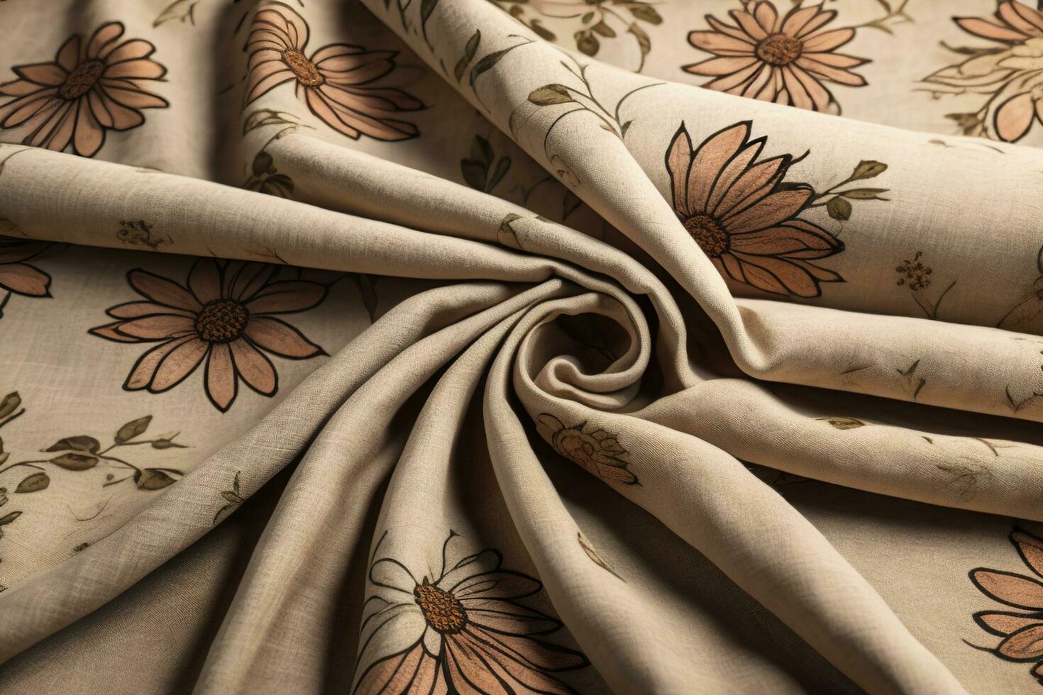 textuur, achtergrond, patroon. zijde kleding stof is bruin met een bloemen patroon. generatief ai foto