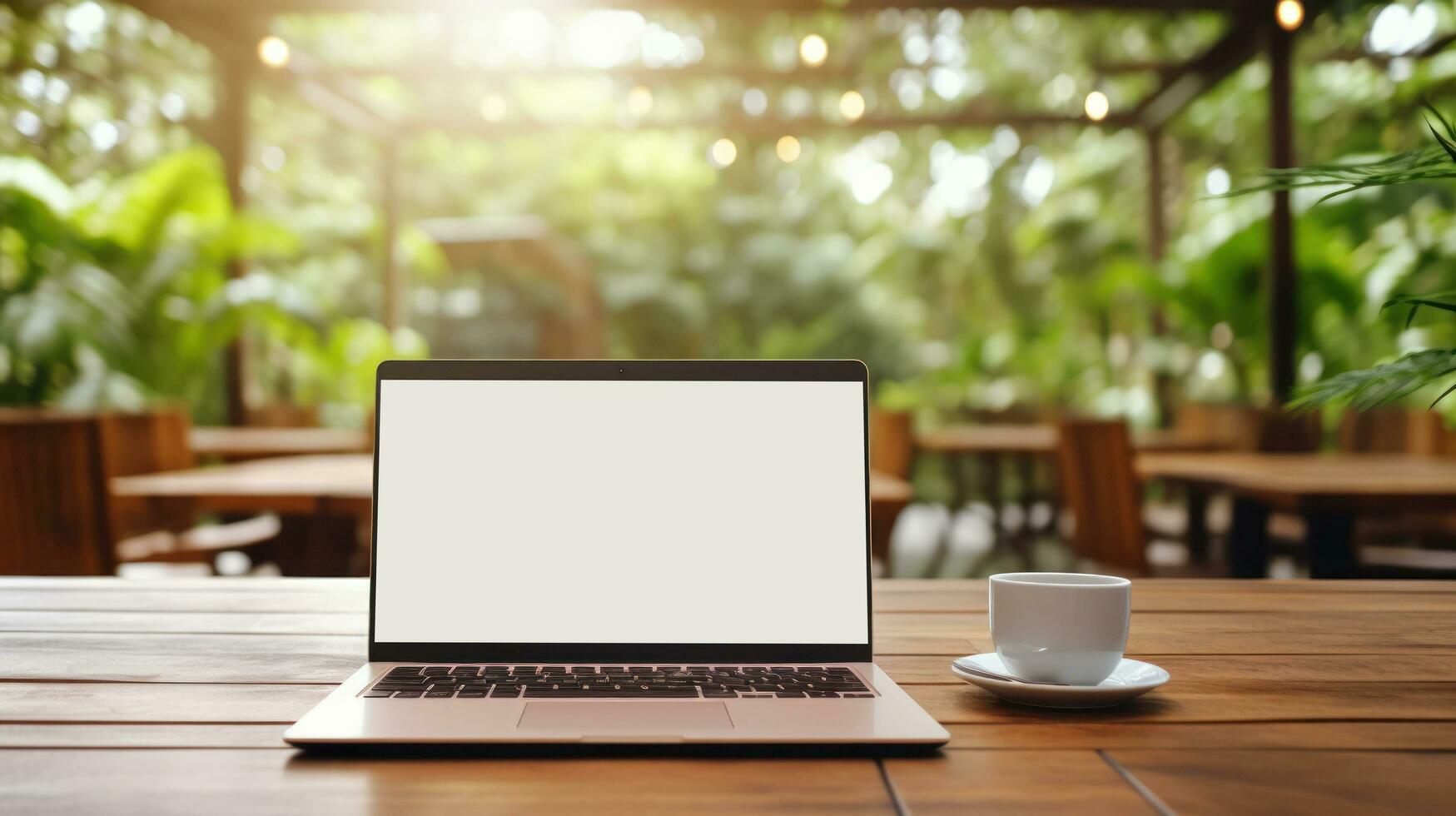 natuurlijk achtergrond met laptop met leeg scherm foto