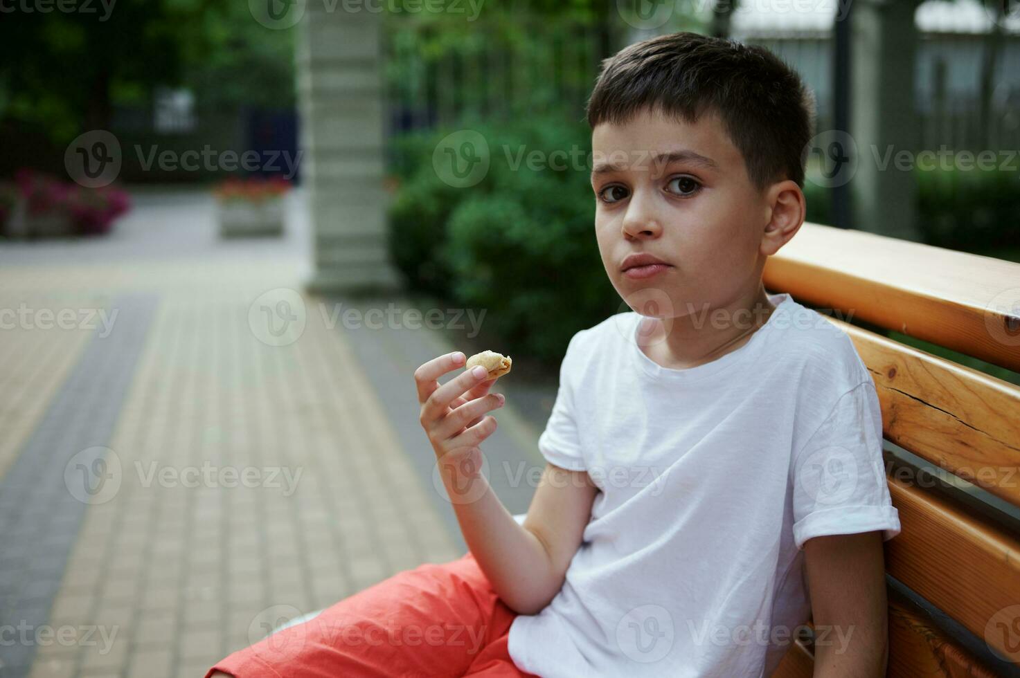 aanbiddelijk Kaukasisch elementair leeftijd school- jongen snacken buitenshuis, zittend Aan een houten bank in de stad park Aan zomer dag foto