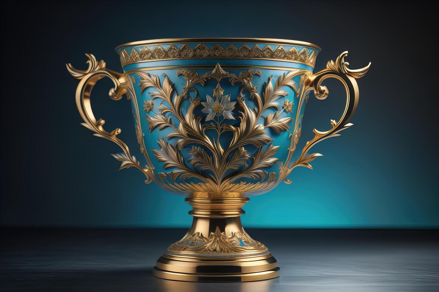 gouden trofee kop met bloemen ornament Aan blauw achtergrond. generatief ai foto