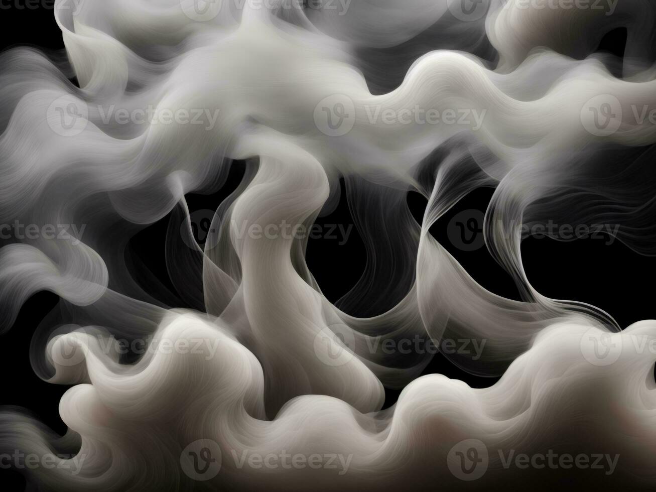 fotograaf van een enkelvoud vloeiende wit licht grijs rook stroom in zwart achtergrond, ai generatief foto