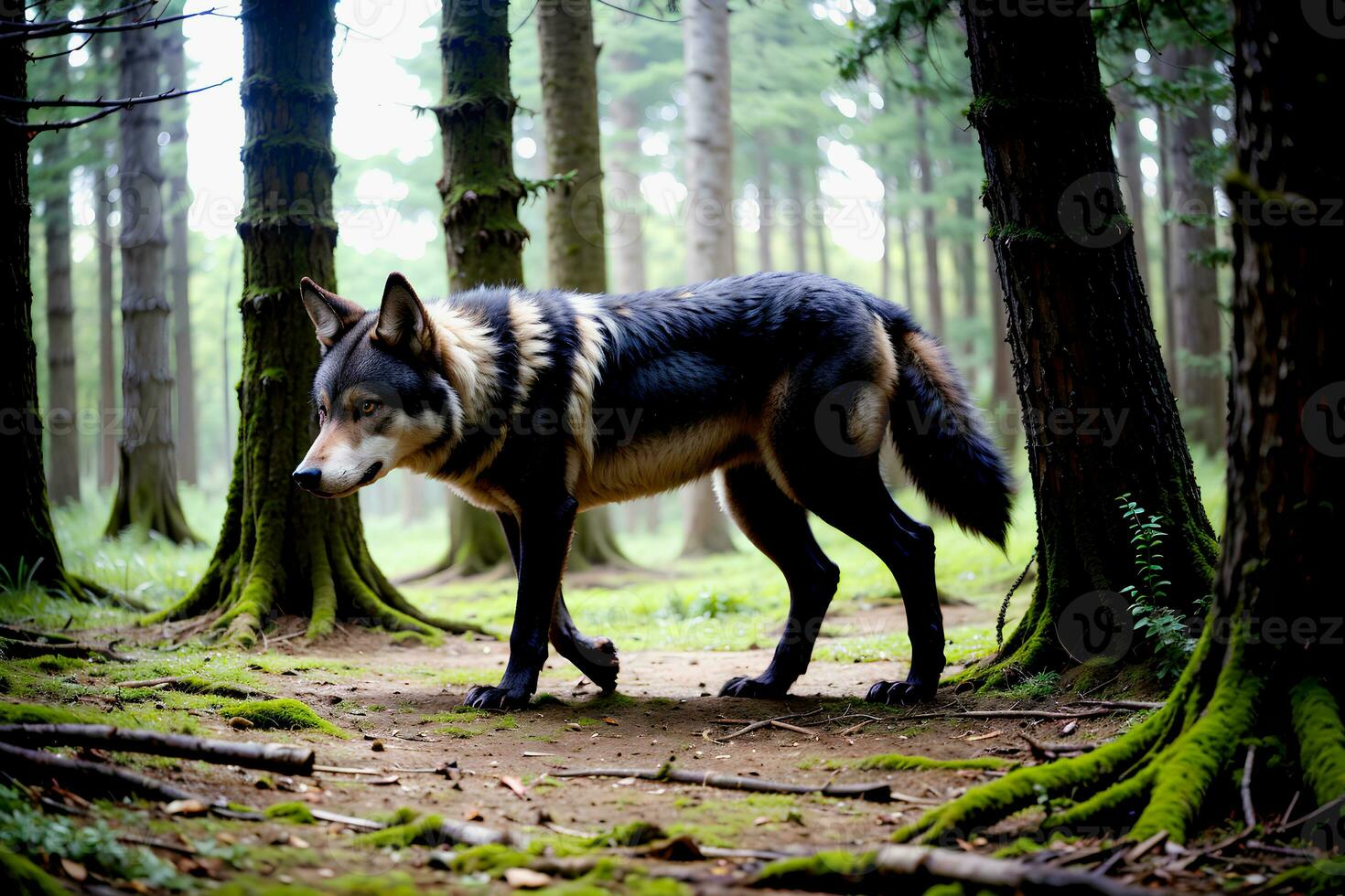 dichtbij omhoog realistisch foto van een wolf in de Woud, wazig achtergrond