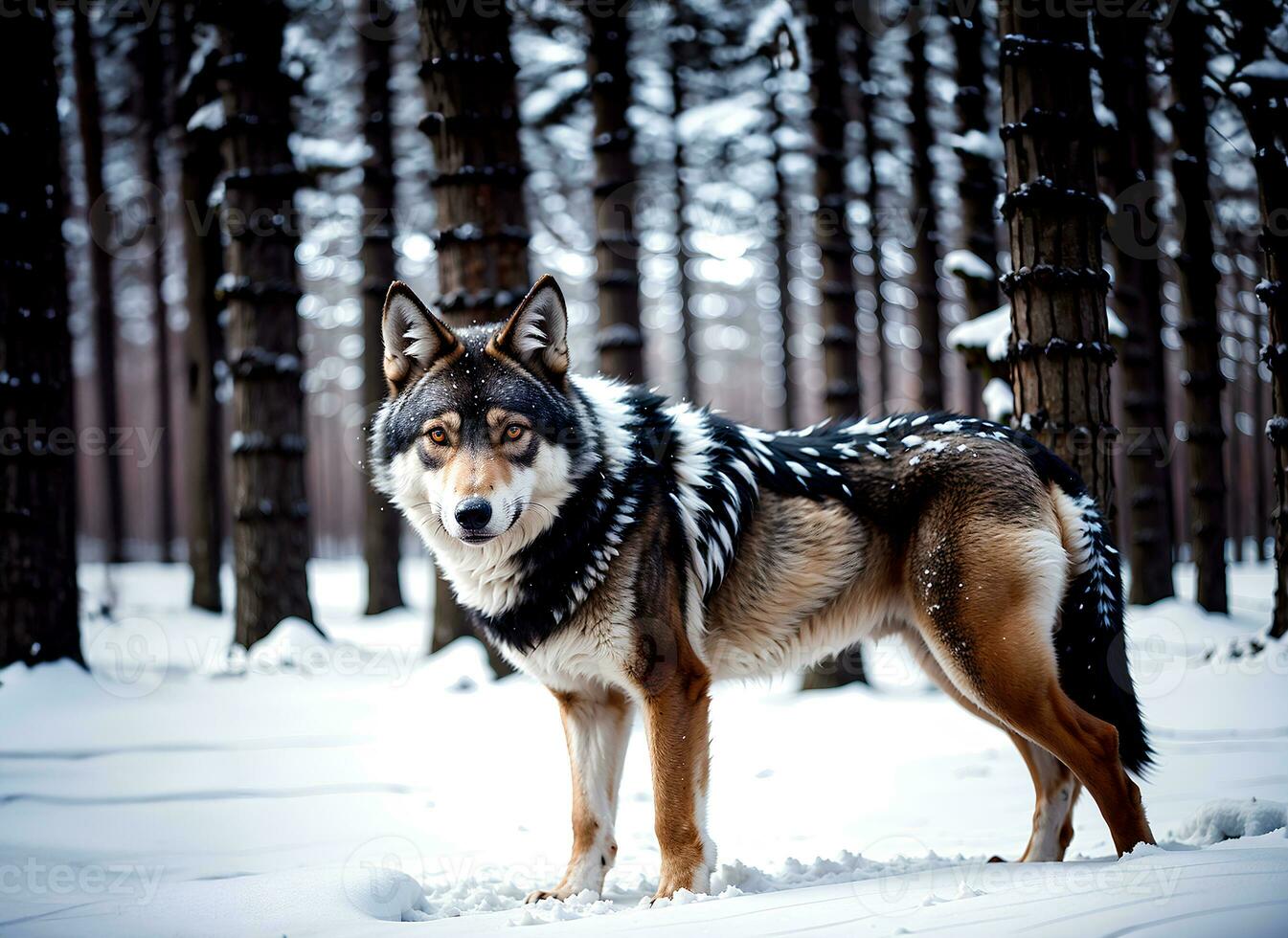 dichtbij omhoog realistisch foto van een wolf in de winter sneeuw Woud, wazig achtergrond, ai generatief