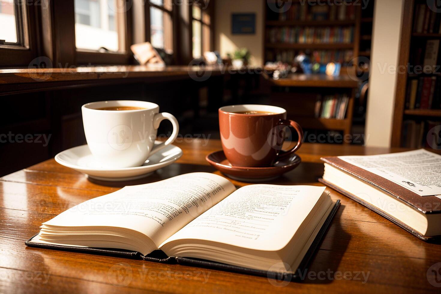 realistisch foto van een koffie kop en boek Aan hout tafel in een koffie winkel met knus atmosfeer, ai generatief