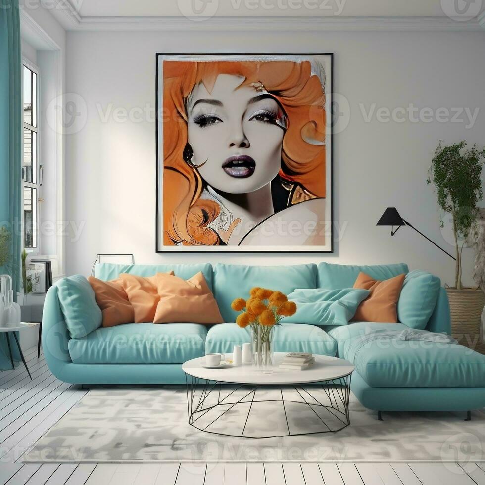 interieur ontwerp van modern leven kamer met turkoois sofa en groot posters generatief ai foto