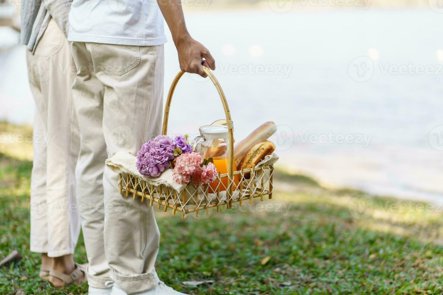 paar wandelen in tuin met picknick mand. in liefde paar is genieten van picknick tijd in park buitenshuis foto