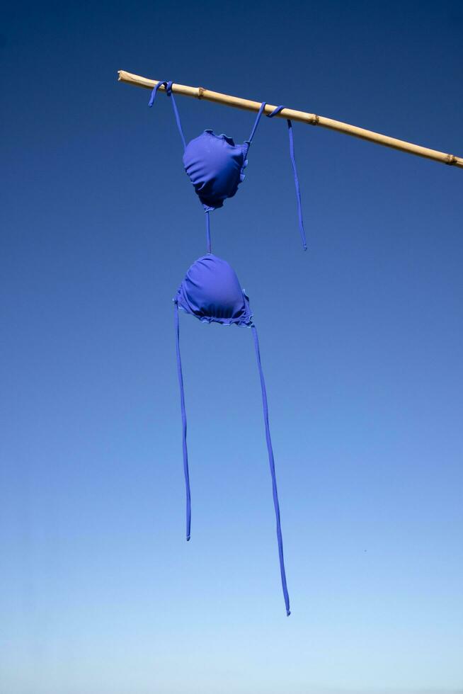 kleurrijk vrouw zwempak naar droog in de zon foto