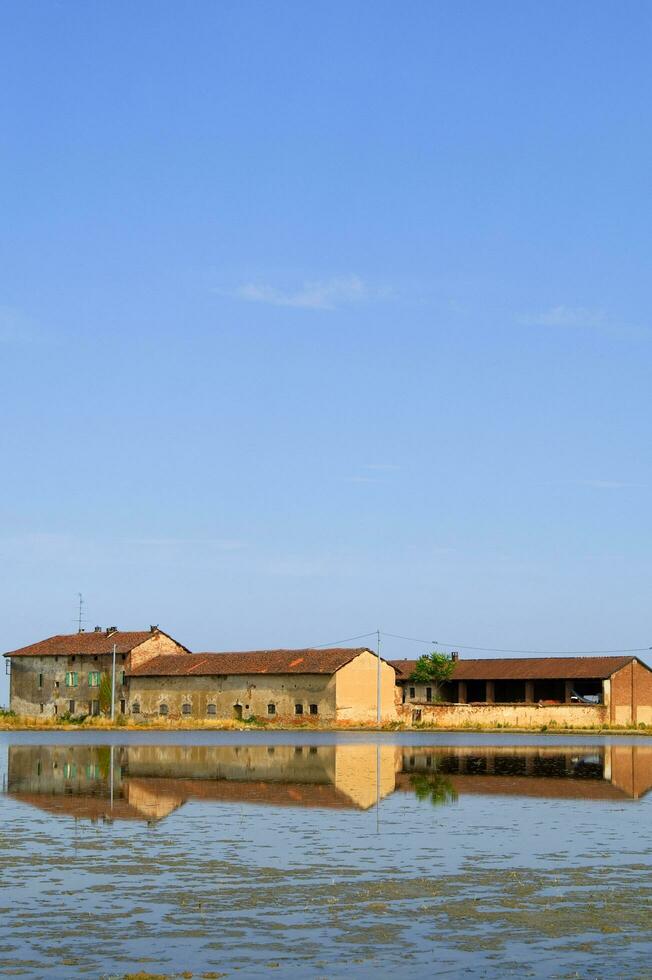 oude boerderijen in de rijst- velden in vercelli Italië foto