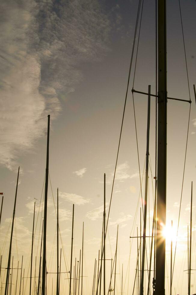 masten van zeilboten Bij zonsondergang foto