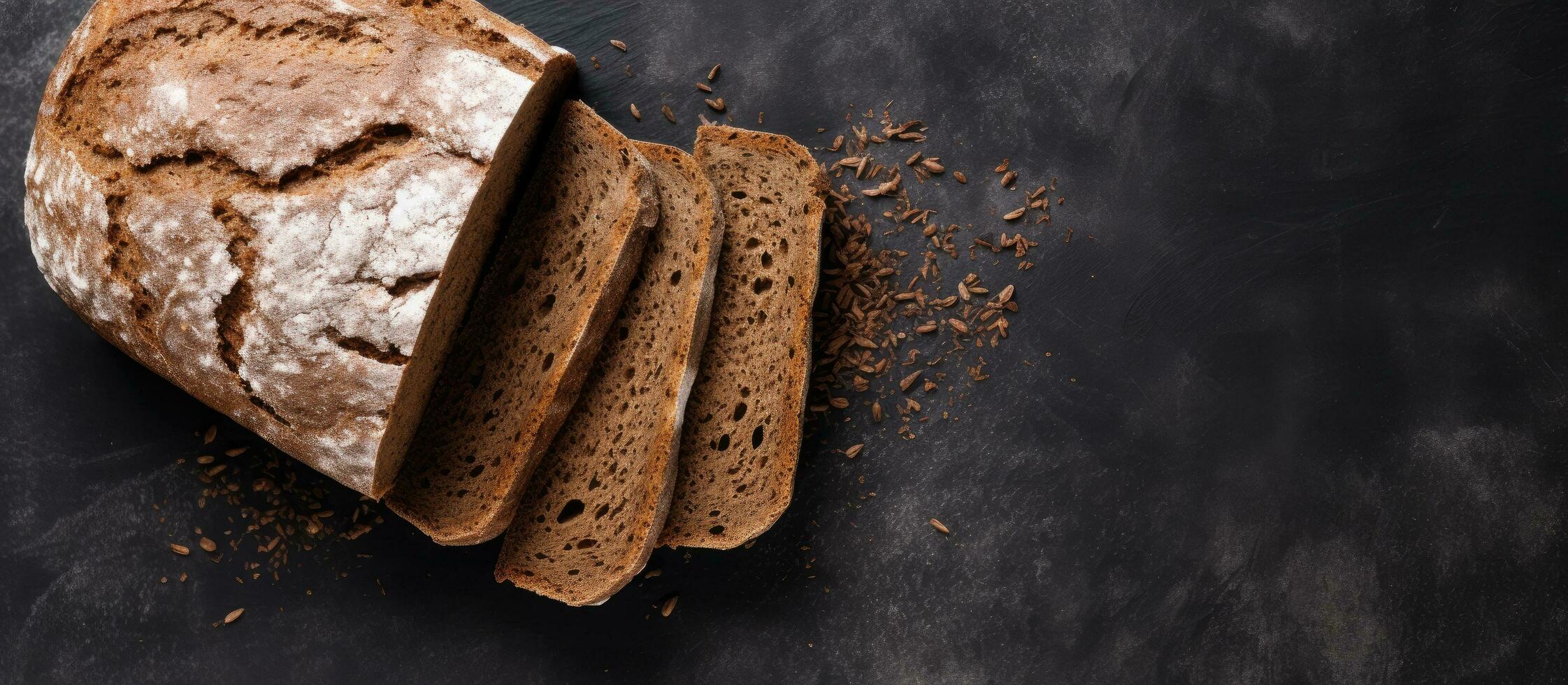 een visie van de top van eigengemaakt biologisch rogge brood Aan een donker leisteen, steen, of beton achtergrond foto