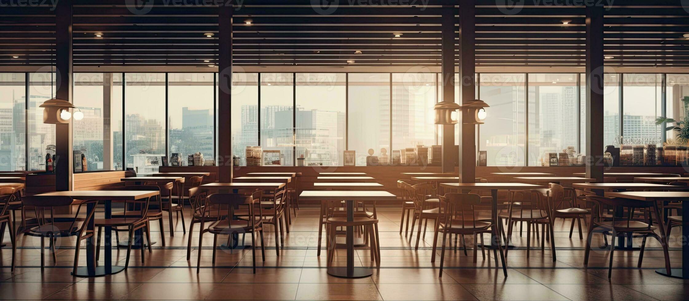 achtergrond beeld van leeg voedsel rechtbank interieur met houten tafels en warm knus licht instelling, foto