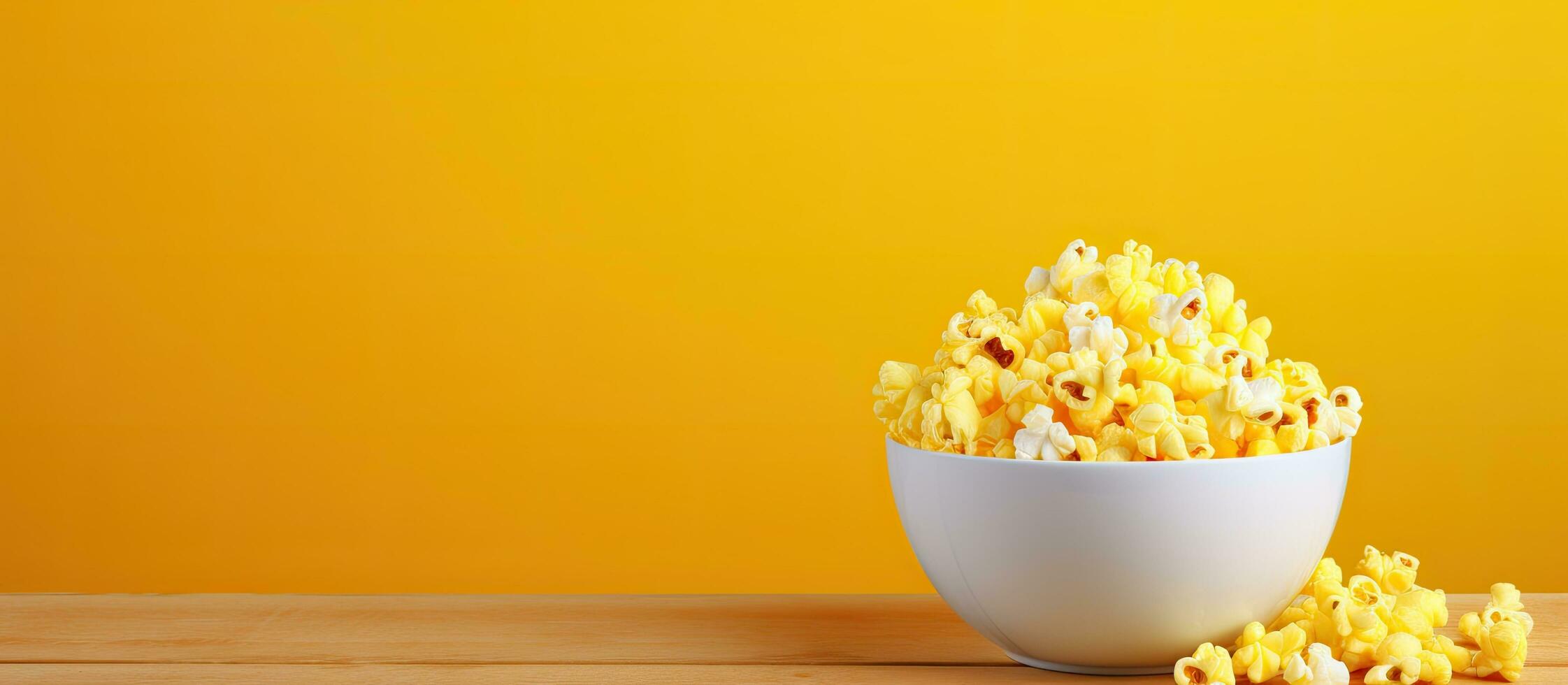 de kom van kleurrijk popcorn zit Aan een geel bureau met een visie van bovenstaande, het verstrekken van uitgebreid kopiëren foto