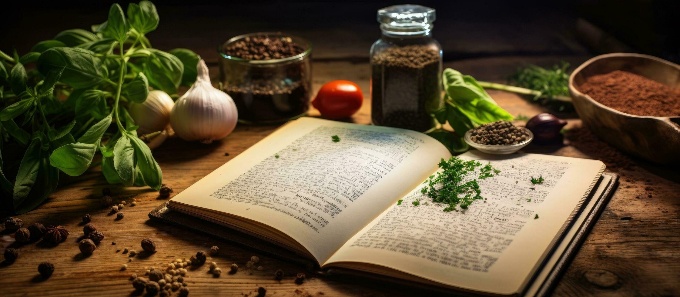 afdrukken recept boek met vers kruiden en specerijen Aan houten achtergrond. foto