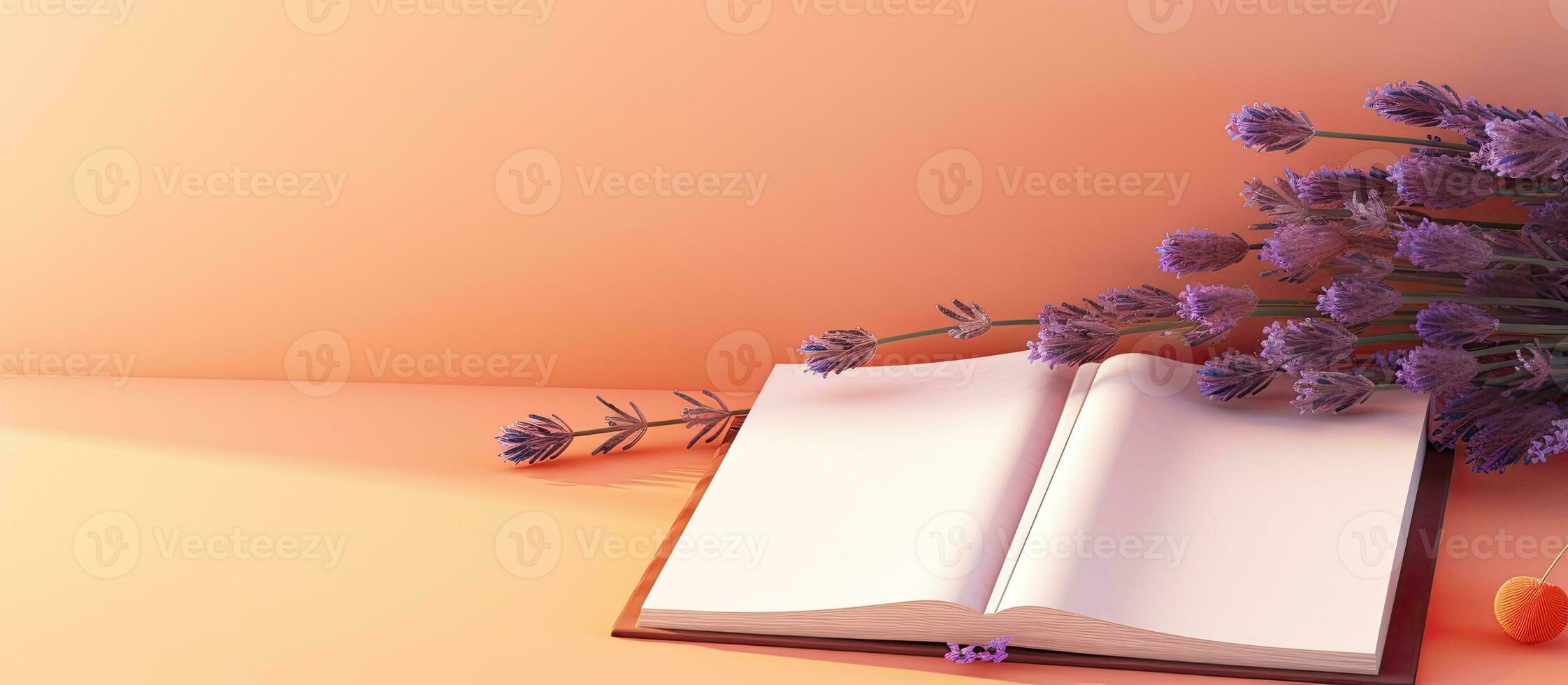 een banier met ruimte voor tekst, met een oranje boek of notitieboekje met lavendel bloemen binnen, foto