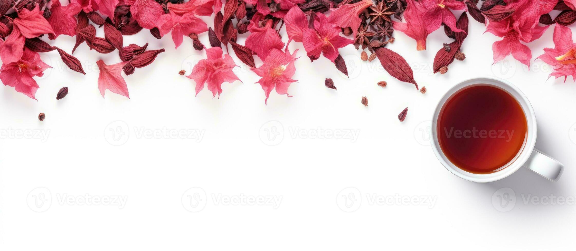 gezond kruiden thee voor een gezond levensstijl - een top visie van hibiscus thee en droog hibiscus verspreide foto