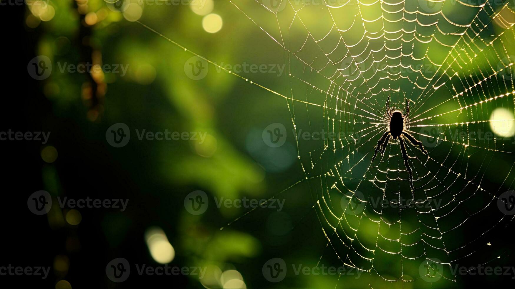 hoog kwaliteit foto van een spin in een web Aan een groen achtergrond met selectief focus