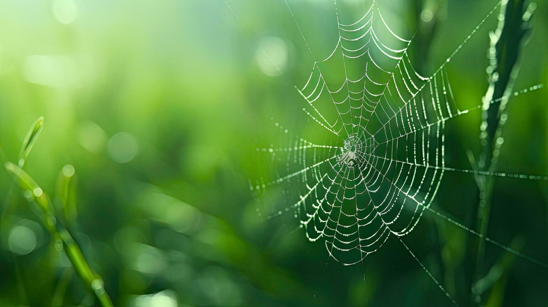 hoog kwaliteit foto van een spin in een web Aan een groen achtergrond met selectief focus
