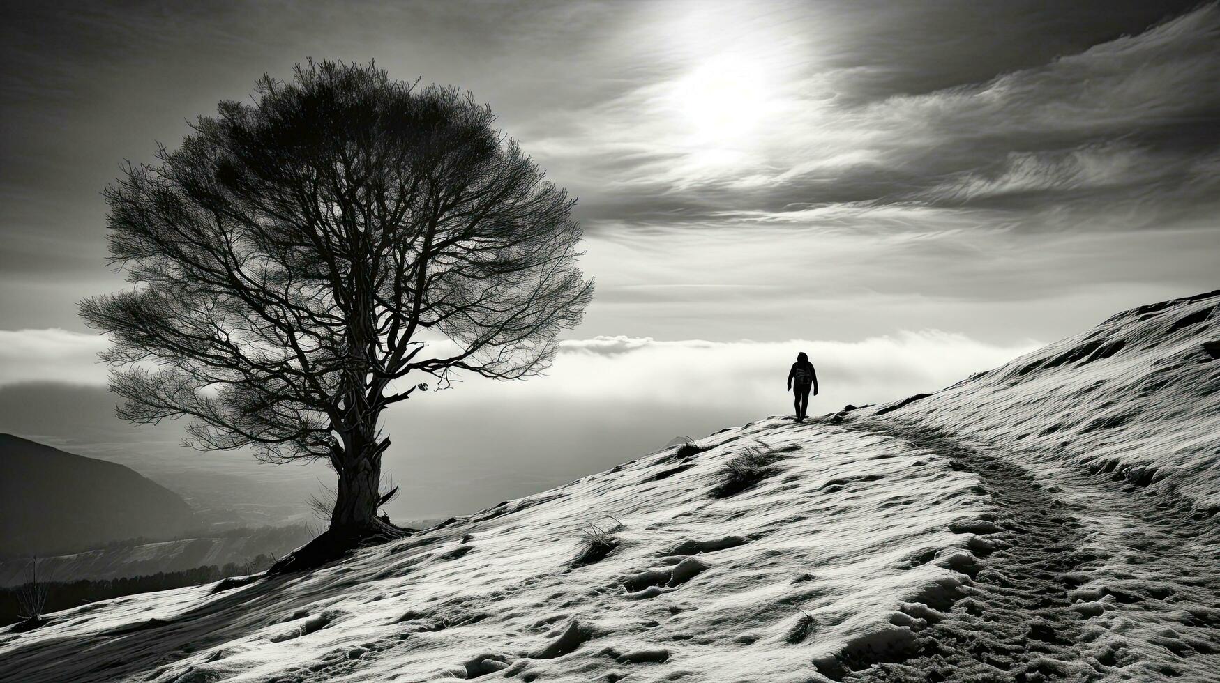persoon Aan de top monochroom foto besneeuwd landschap wandelen in winter
