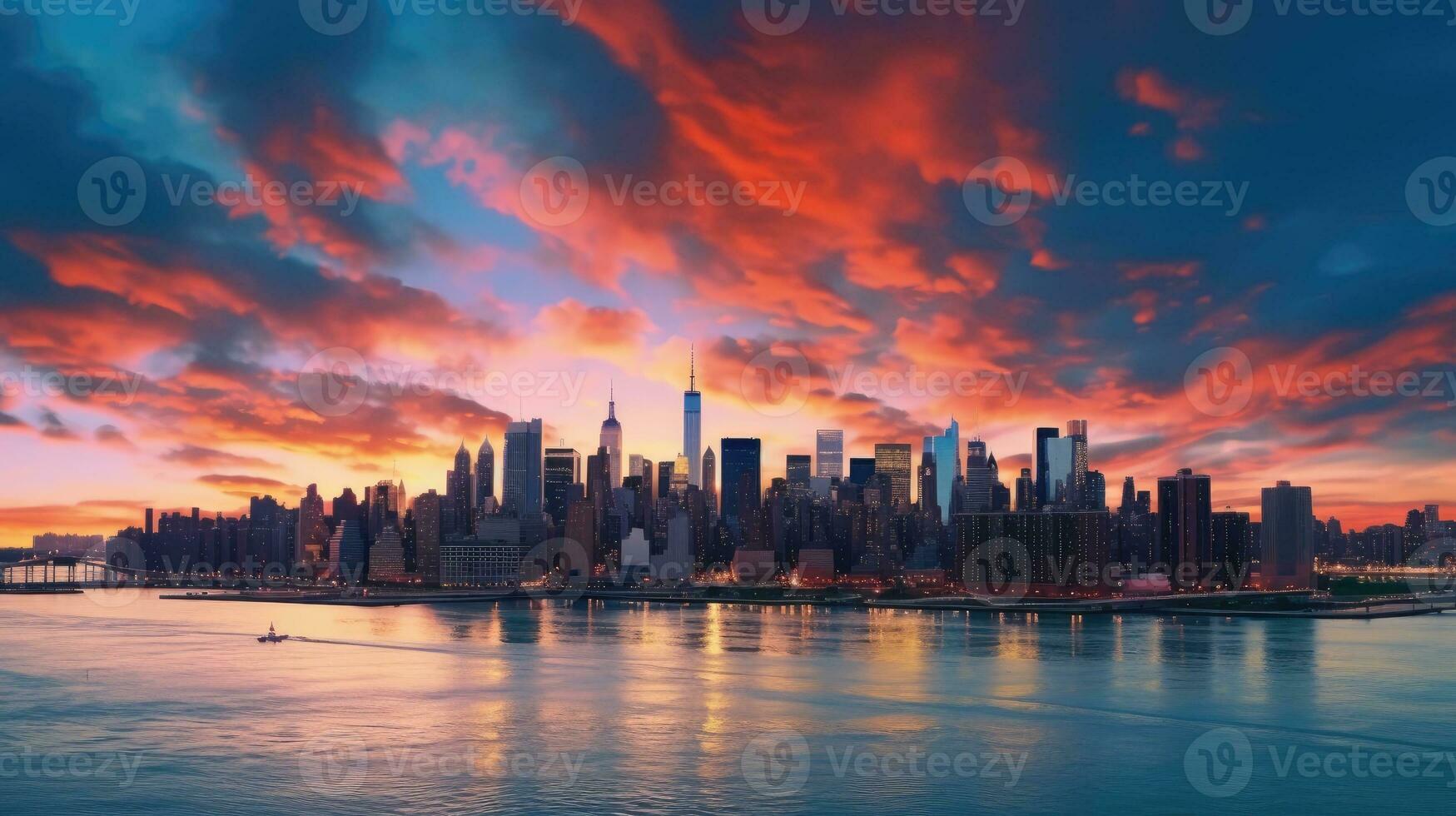 kleurrijk lucht over- oosten- rivier- met wolkenkrabbers in Midtown silhouet Bij zonsondergang foto