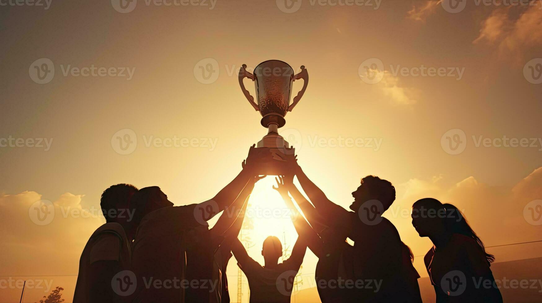 zegevierend team triomfen onder zonsondergang met trofee en talrijk aftekenen handen foto