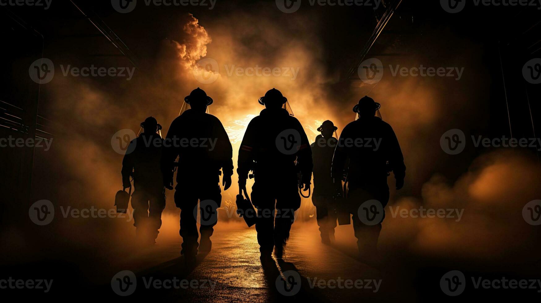 brandweerlieden met zaklampen Aan hun kisten wandelen weg van rook foto