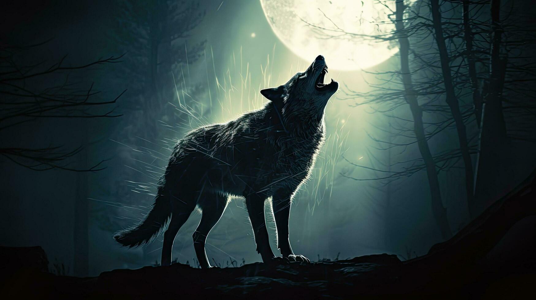halloween concept wolf silhouet gehuil Bij vol maan in mistig backdrop foto