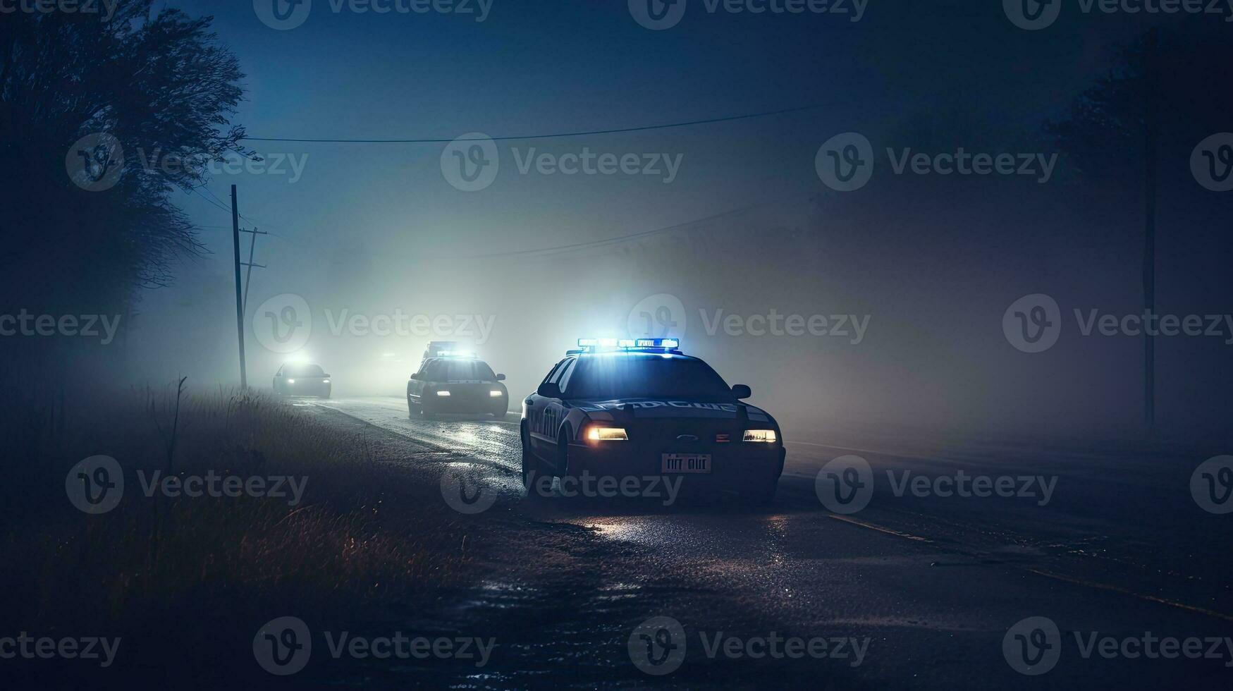 Politie auto's het rijden Bij nacht achtervolgen een auto in mist 911 Politie auto haasten naar misdrijf tafereel foto