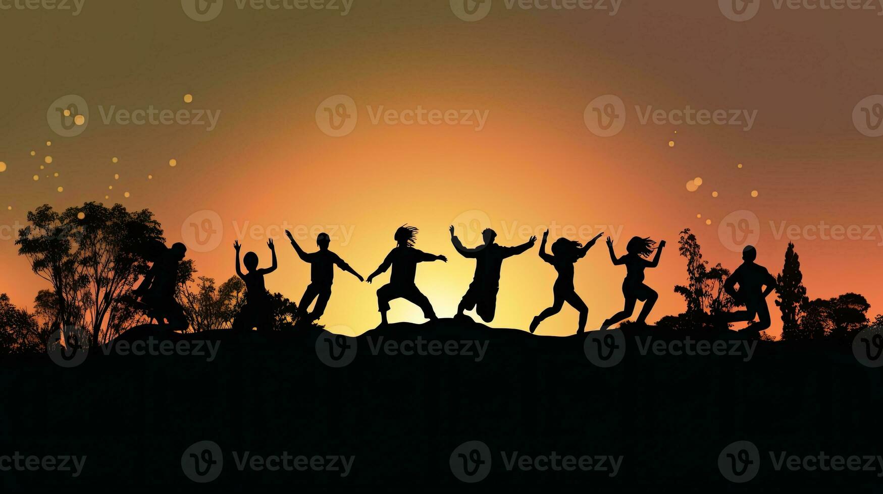 groep dansen Bij zonsondergang in silhouet foto