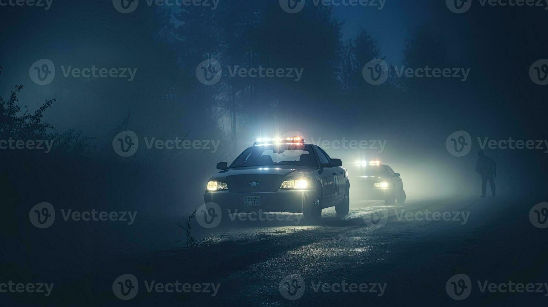 Politie auto's het rijden Bij nacht achtervolgen een auto in mist 911 Politie auto haasten naar misdrijf tafereel foto