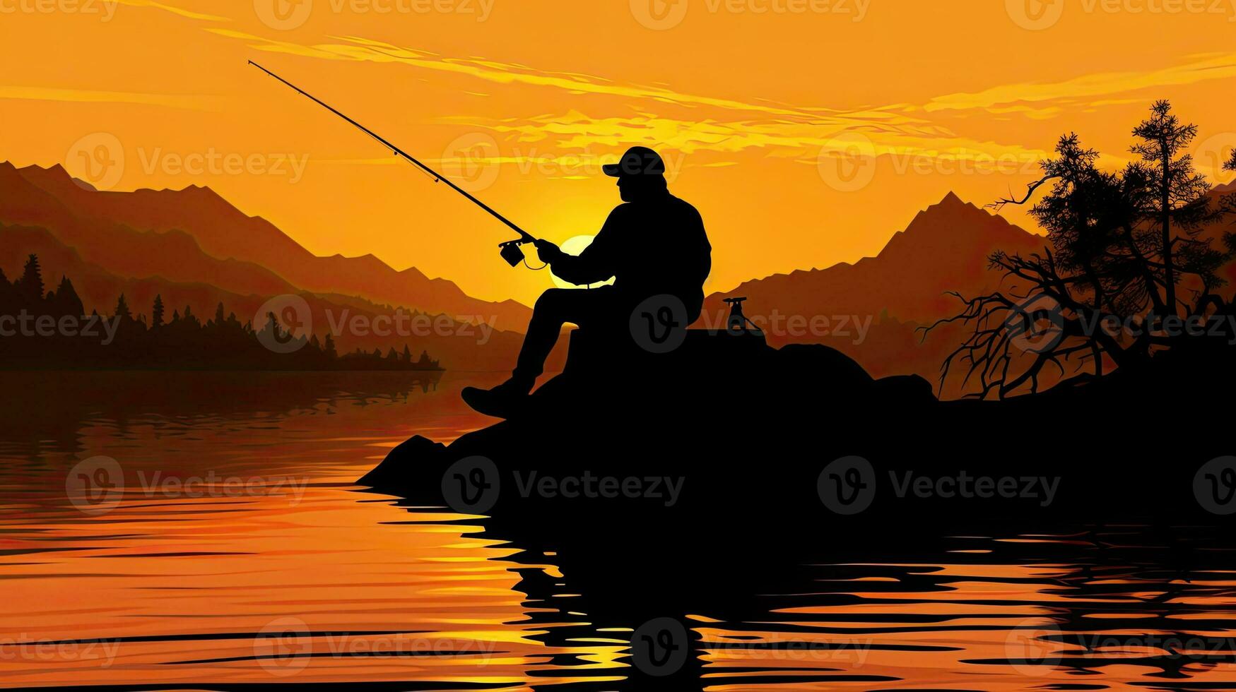 Mens visvangst tegen een zonsondergang backdrop foto