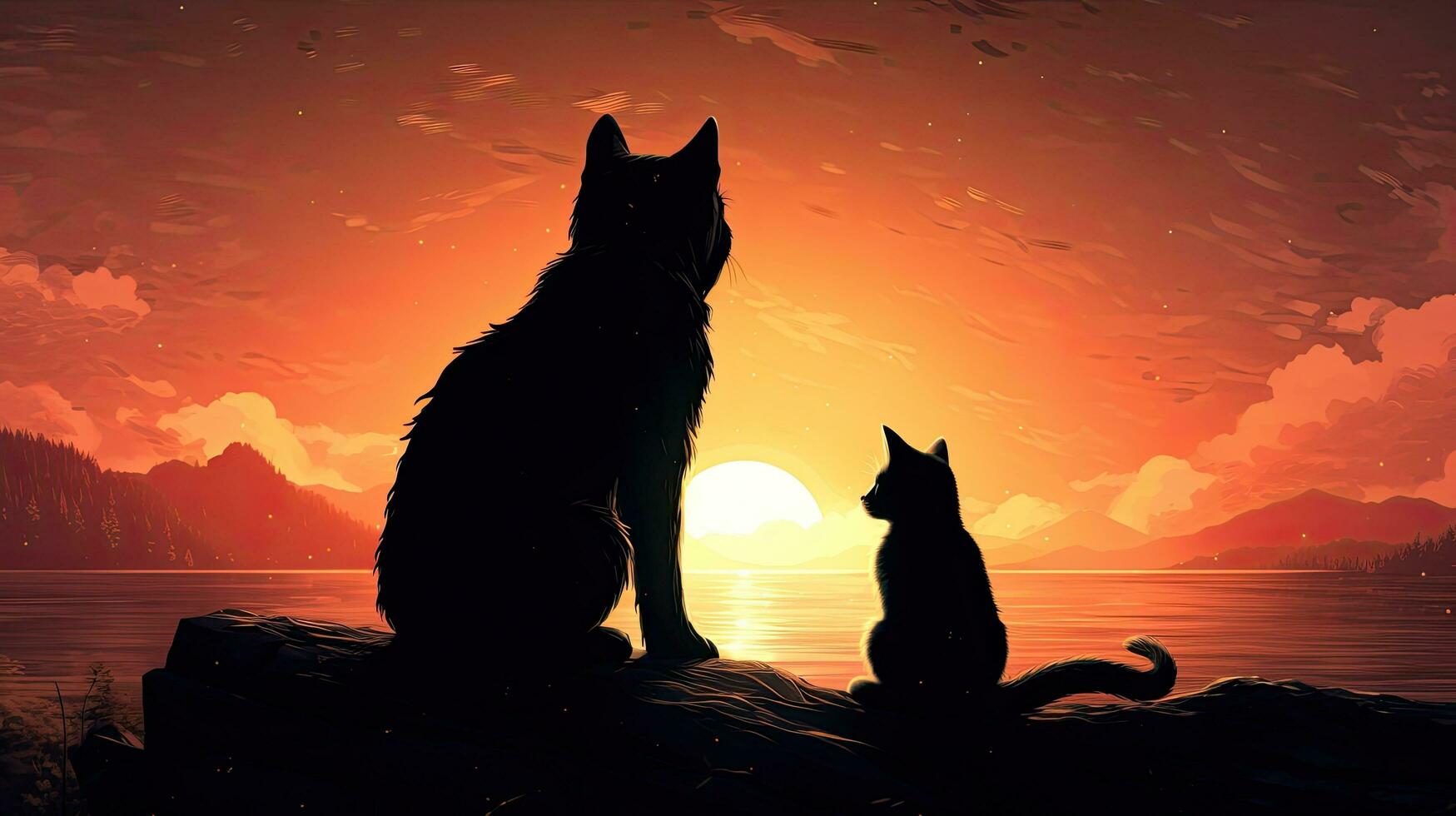 silhouet van huisdieren tegen verbijsterend backdrop foto