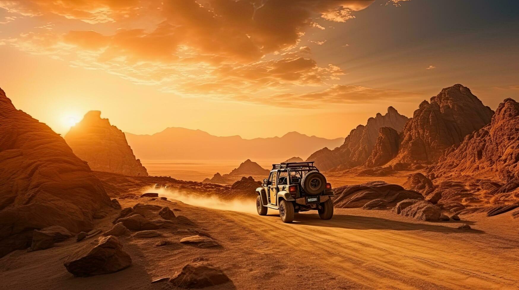 uit weg voertuigen het rijden door een stoffig woestijn Bij zonsondergang voor toeristen in sharm el sjeik resorts Egypte foto