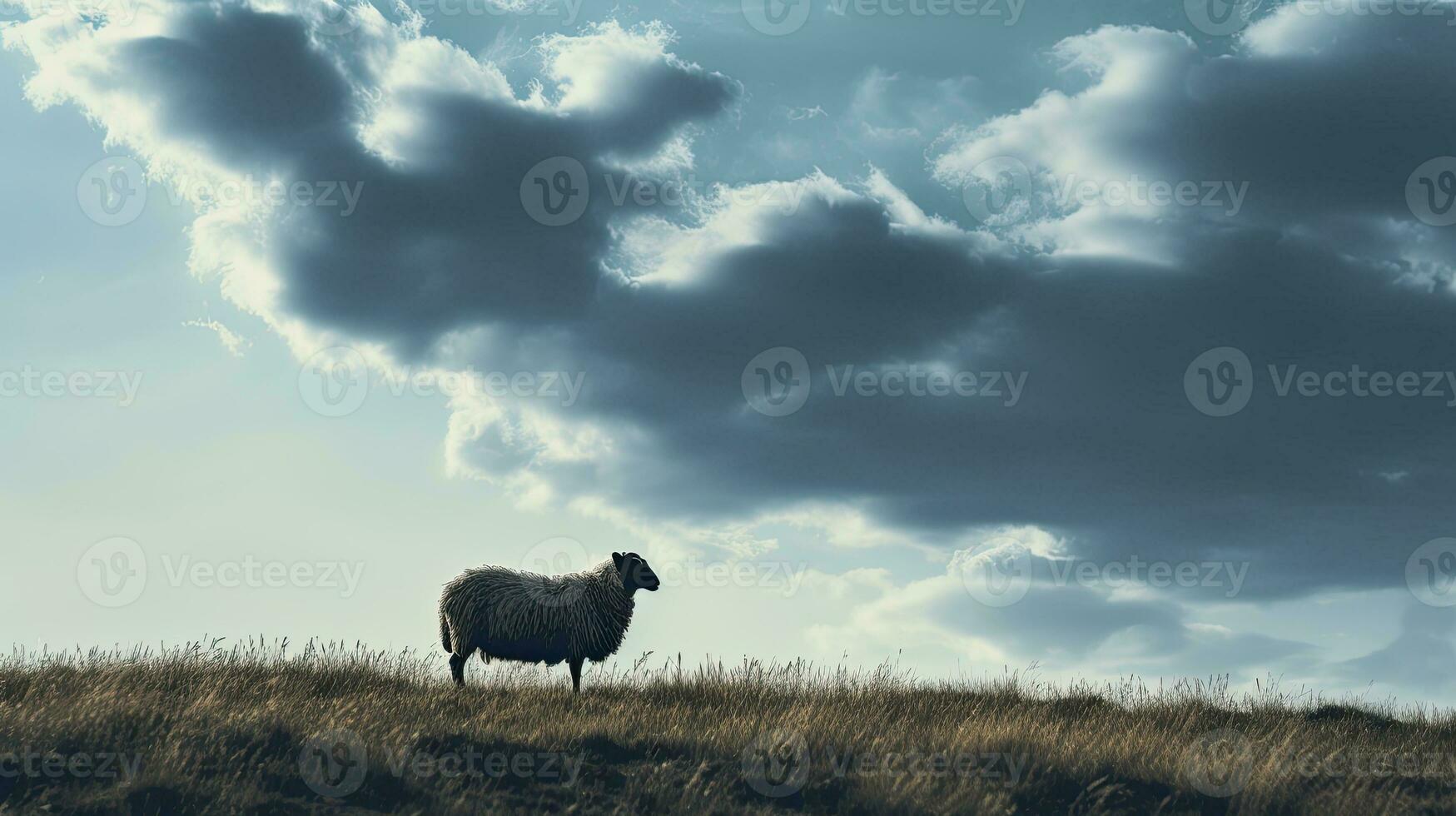 een eenzaam schapen silhouet tegen een gedeeltelijk bewolkt lucht met uitgebreid leeg ruimte foto