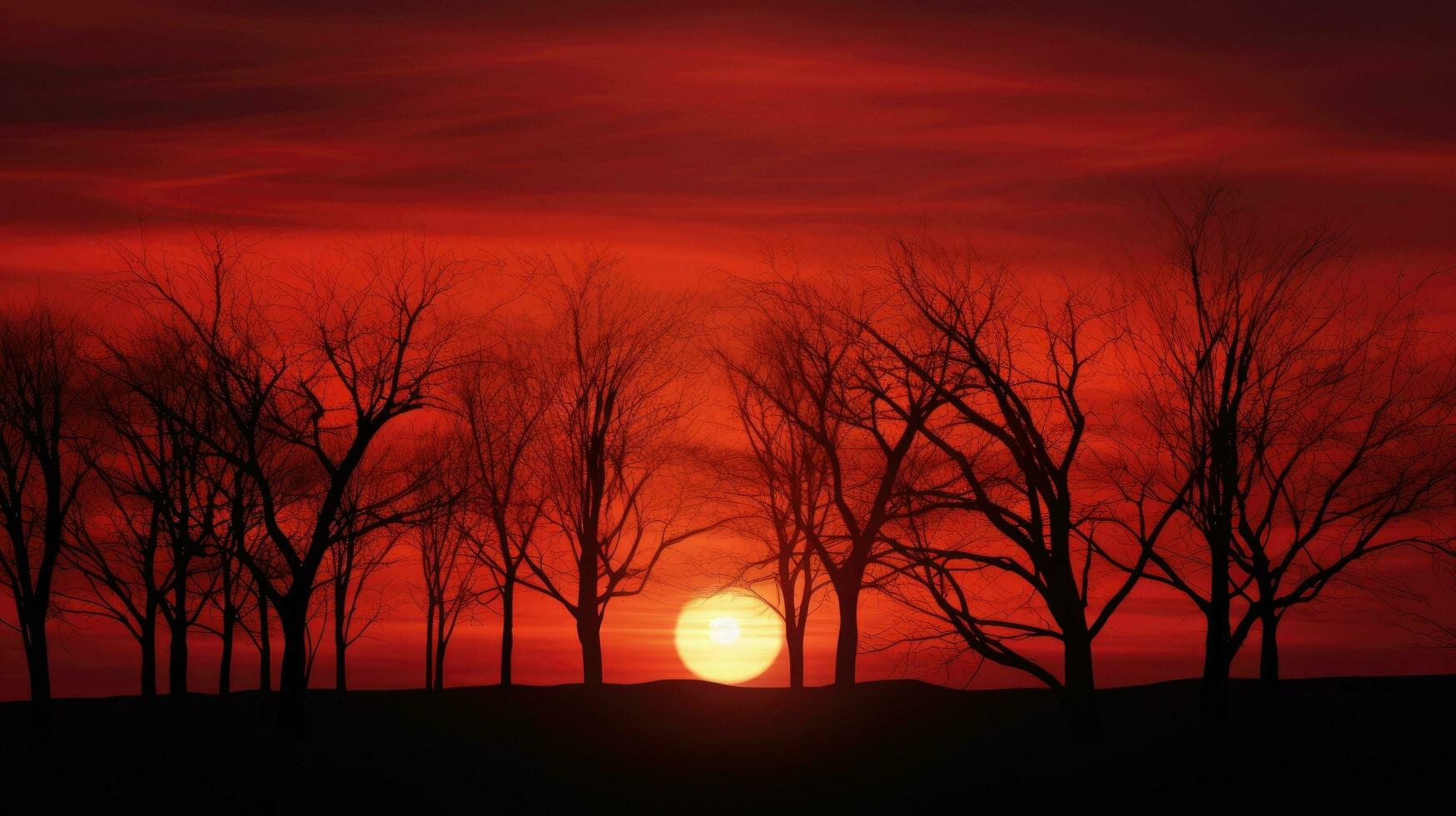 vurig rood zonsondergang achter naakt herfst bomen foto