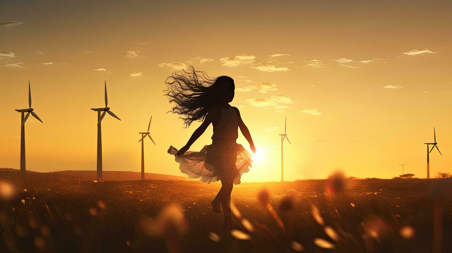 kind meisje met wind speelgoed- rennen Aan weide Bij zonsondergang haar silhouet foto