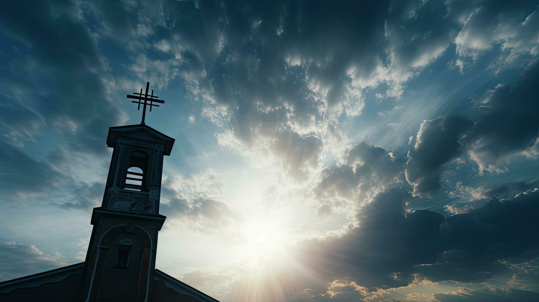 silhouet van kruis en belfort tegen bewolkt lucht Bij Katholiek kerk in altaar van onze dame trsat foto