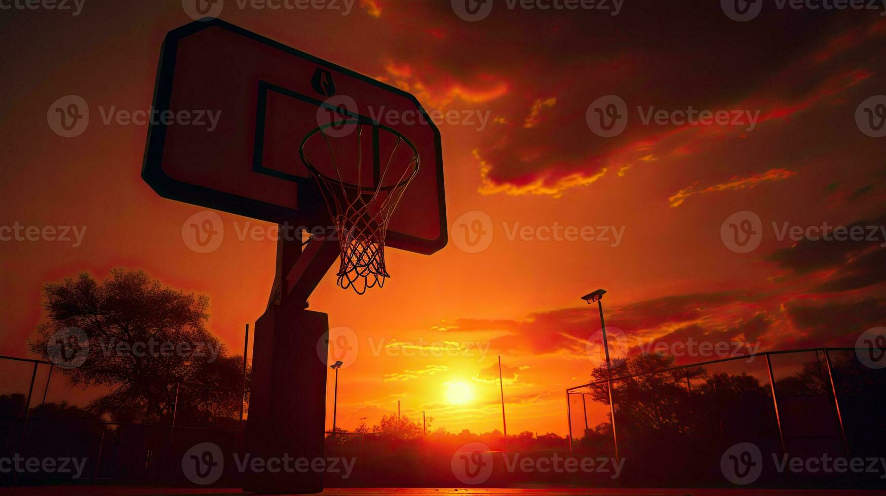 ideaal behang met silhouet van instelling zon in basketbal hoepel foto