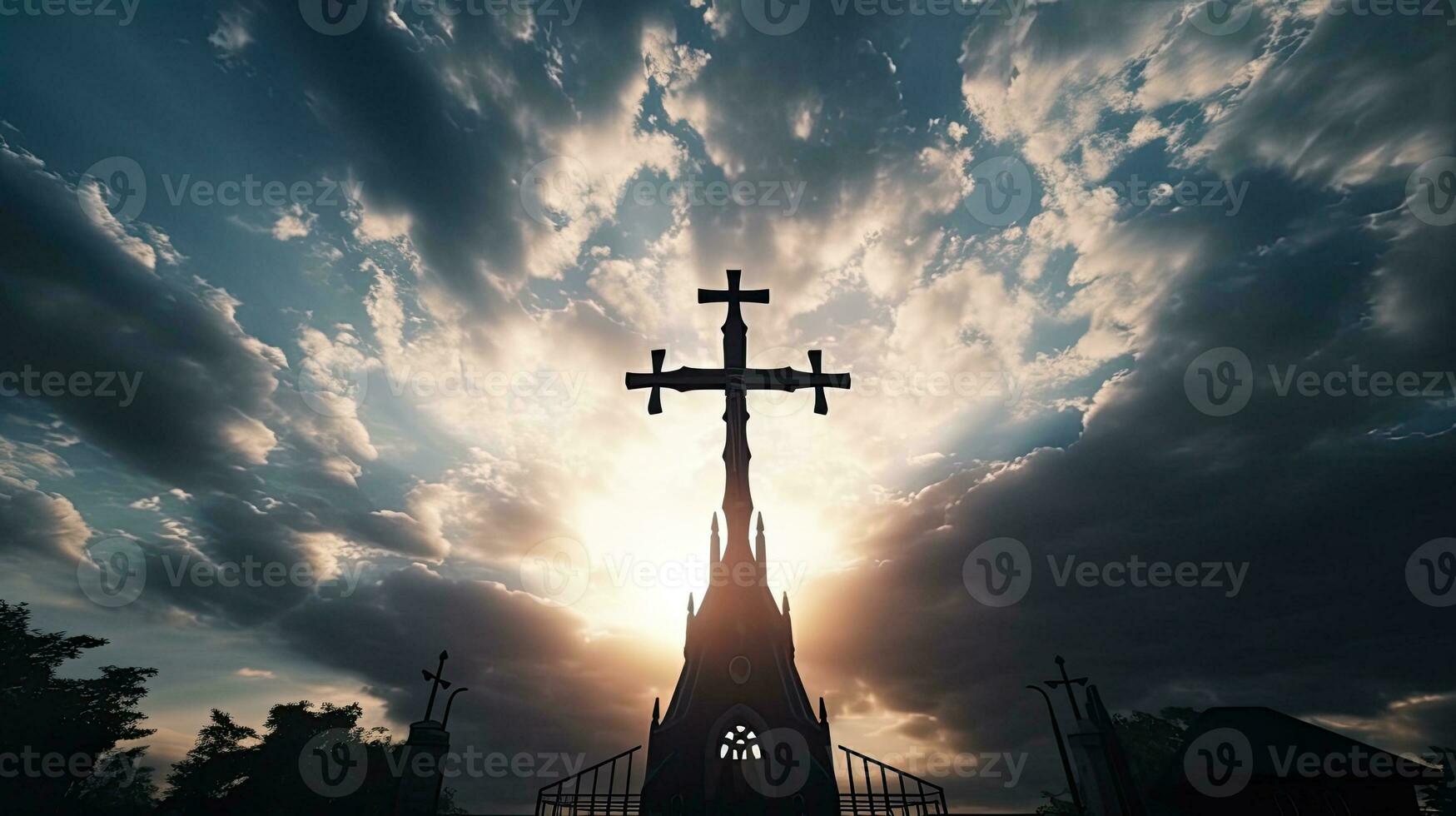 silhouet van kruis en belfort tegen bewolkt lucht Bij Katholiek kerk in altaar van onze dame trsat foto
