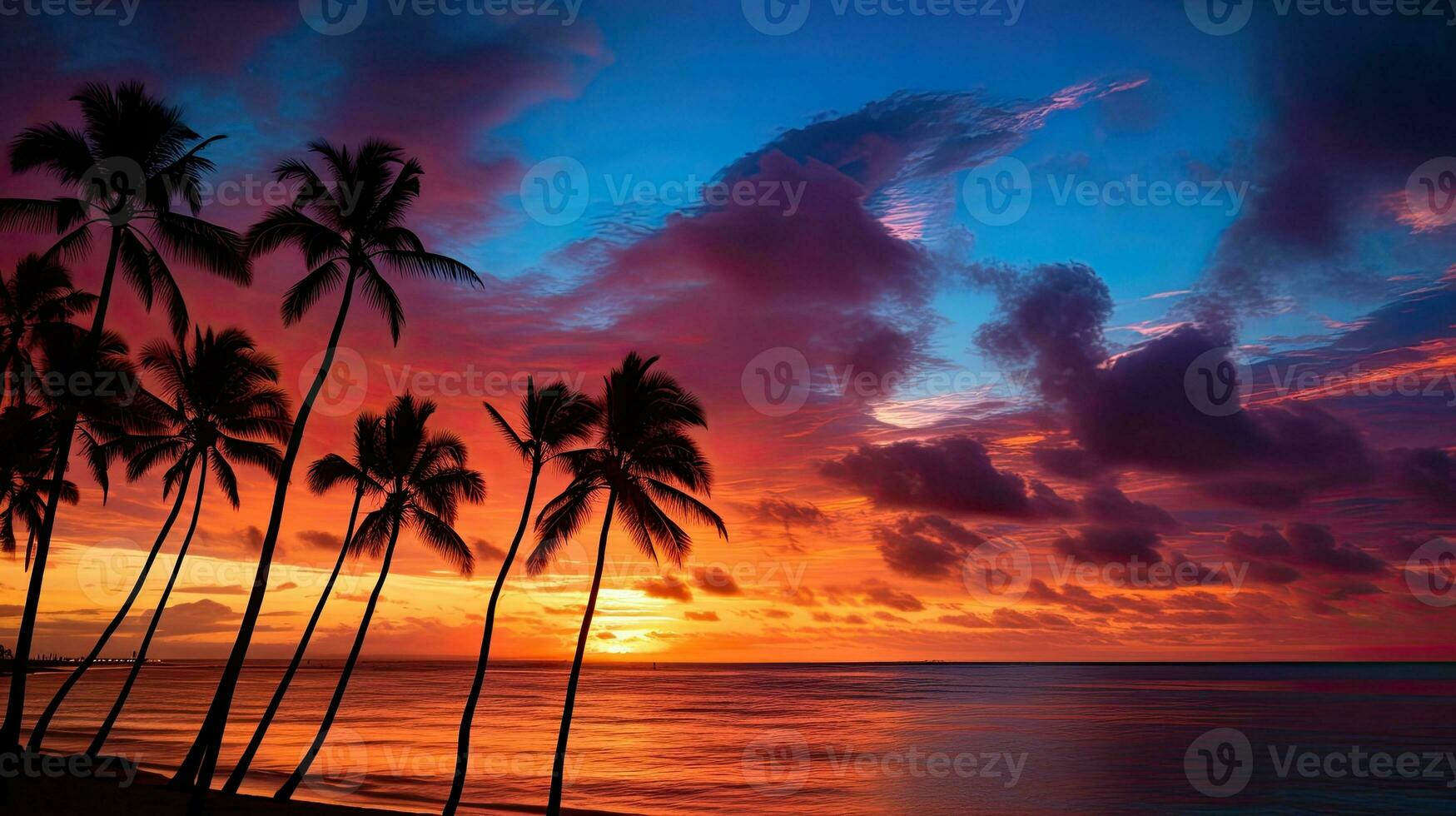 kleurrijk dramatisch zonsondergang lucht over- waikiki met palm boom silhouetten oceaan voorgrond foto