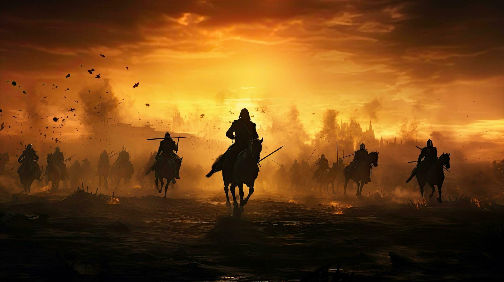 krijgers Aan mistig zonsondergang achtergrond vechten in een middeleeuws strijd tafereel met cavalerie en infanterie foto