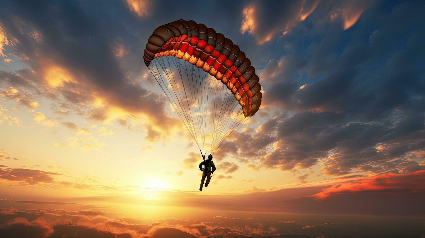 een eenzaam parachuter sierlijk glijdt door de levendig lucht geschetst door de instelling zon foto