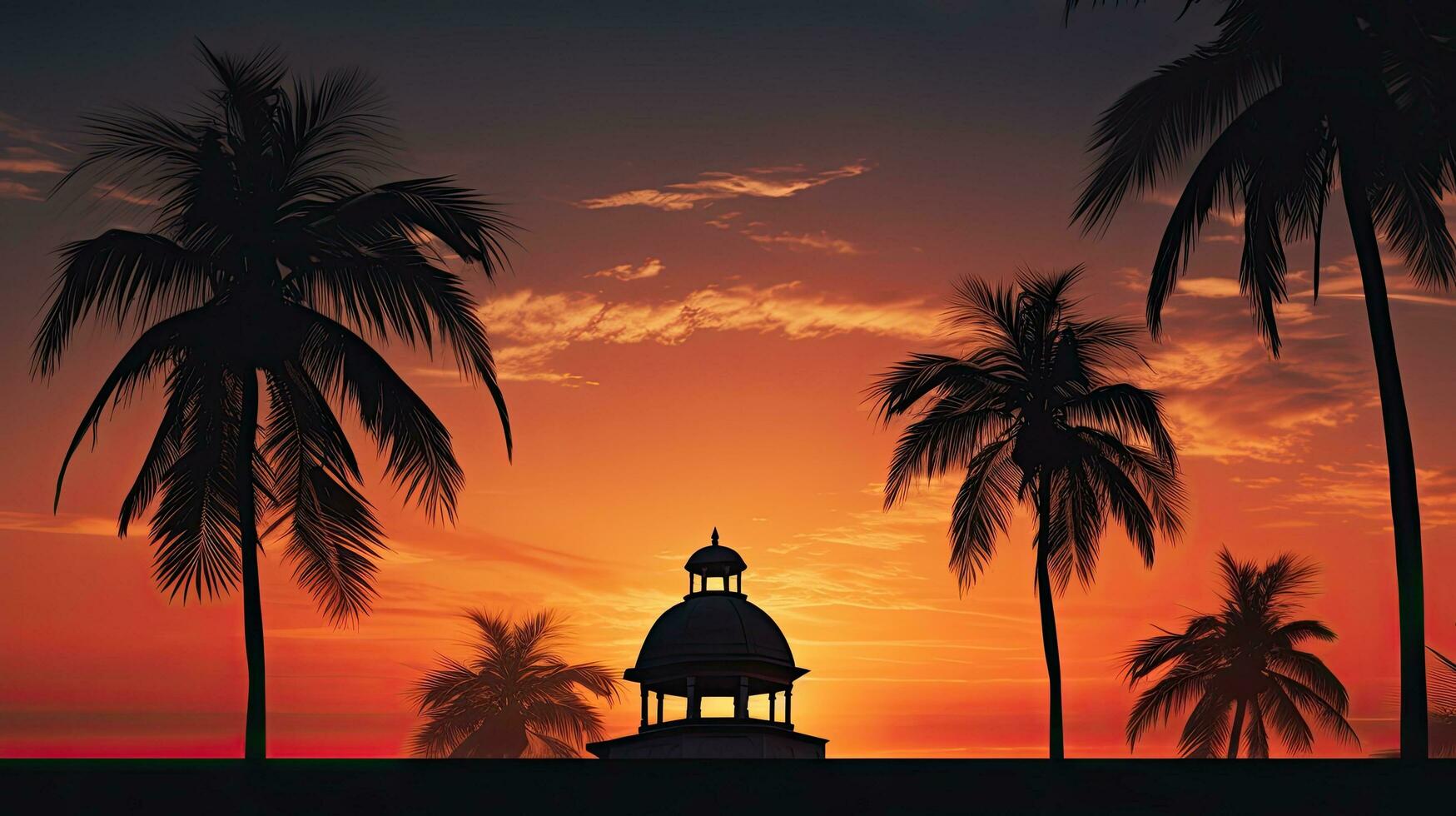 silhouet van een palm boom tegen de zonsondergang met een koepel foto