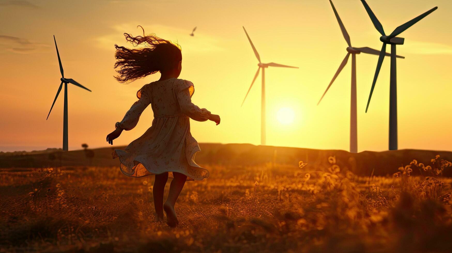 kind meisje met wind speelgoed- rennen Aan weide Bij zonsondergang haar silhouet foto
