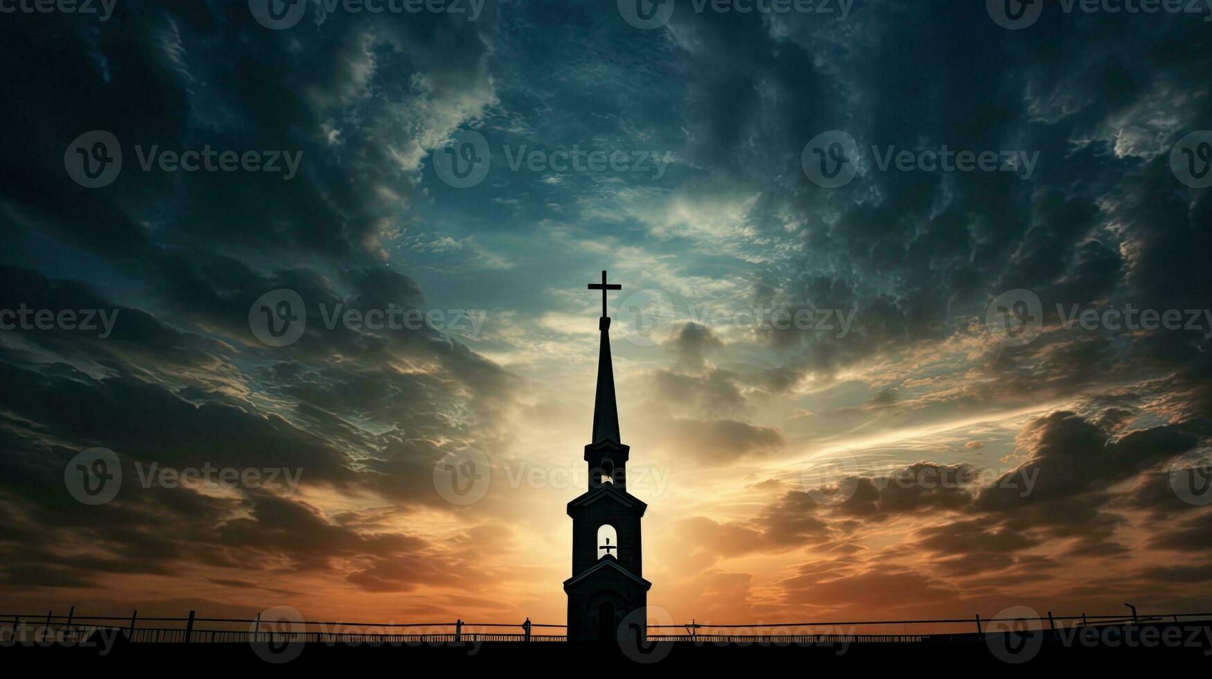 silhouet van kruis en belfort tegen bewolkt lucht Bij Katholiek kerk in altaar van onze dame trsat foto