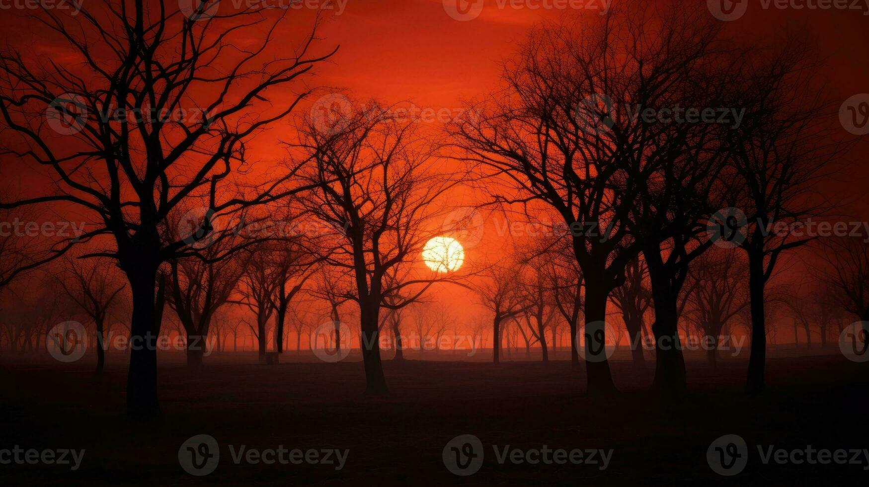 vurig rood zonsondergang achter naakt herfst bomen foto